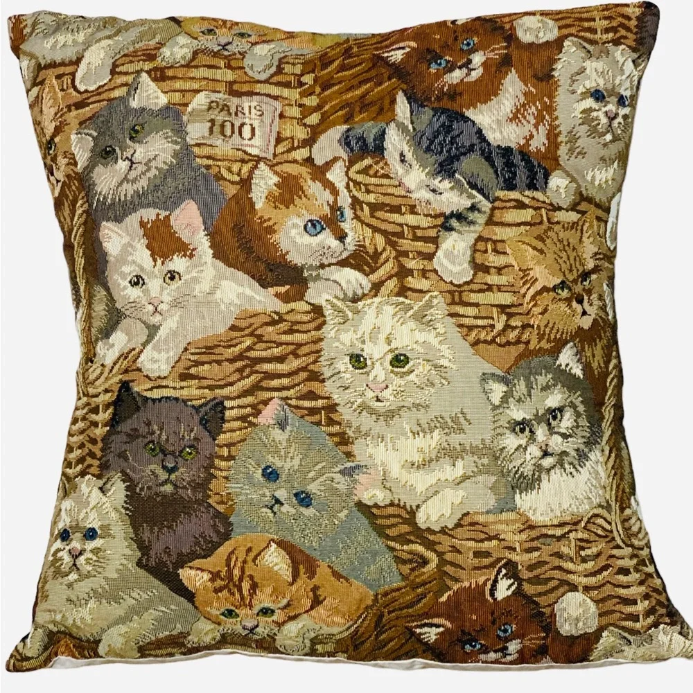 Cat Tapestry Throw Decorative Pillow 15” x 15” Paris Kitty Cluster Set‎ of two